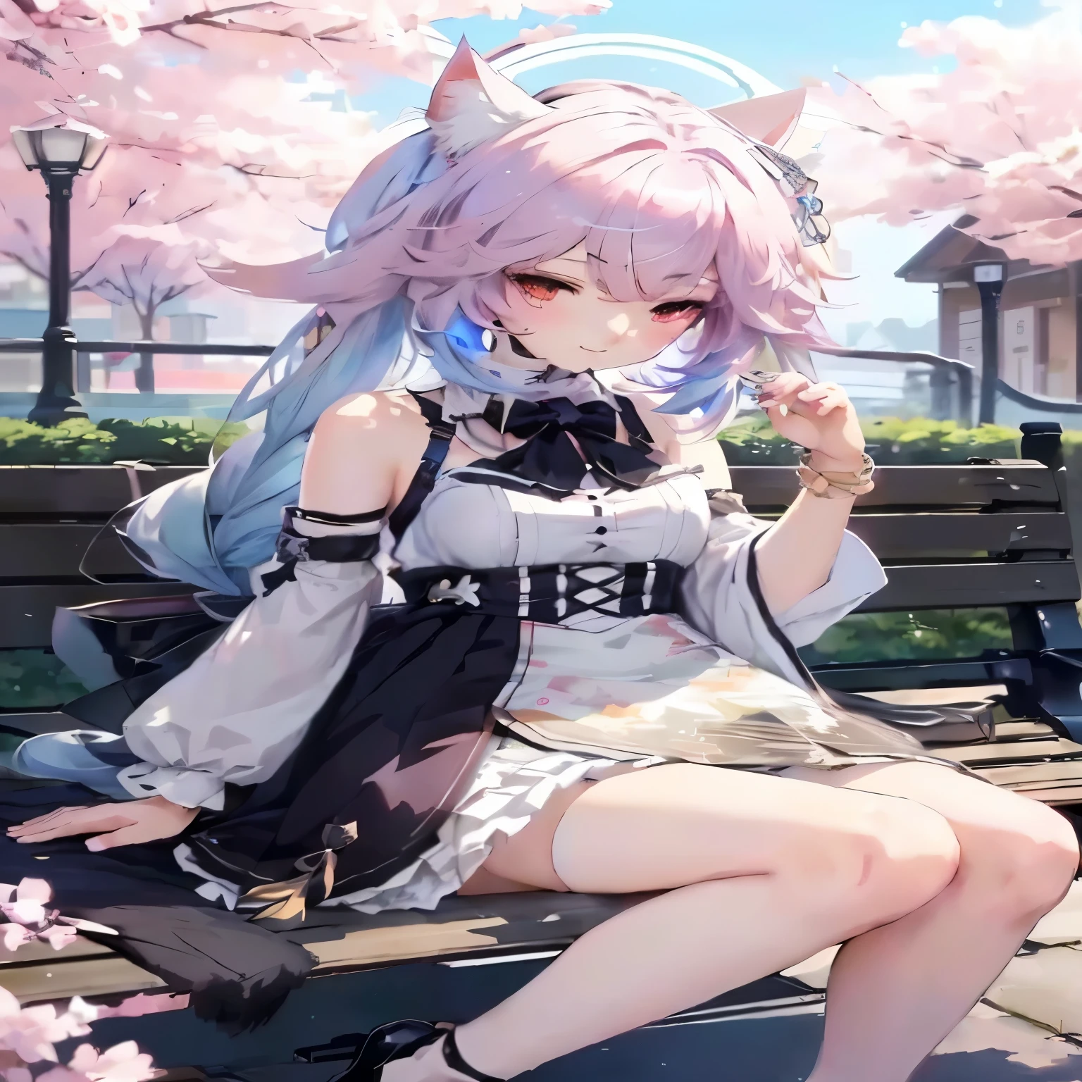 Sitting on a bench,Anime girl with cat ears and cat tail, Cute anime girl in a beautiful skirt, Artwork in the style of Guweiz, guweiz, High-quality anime art style, Wear clothes, Anime style 4k, best anime 4k konachan wallpaper, from the night of the ark, Anime visuals of cute girls, an anime girl
