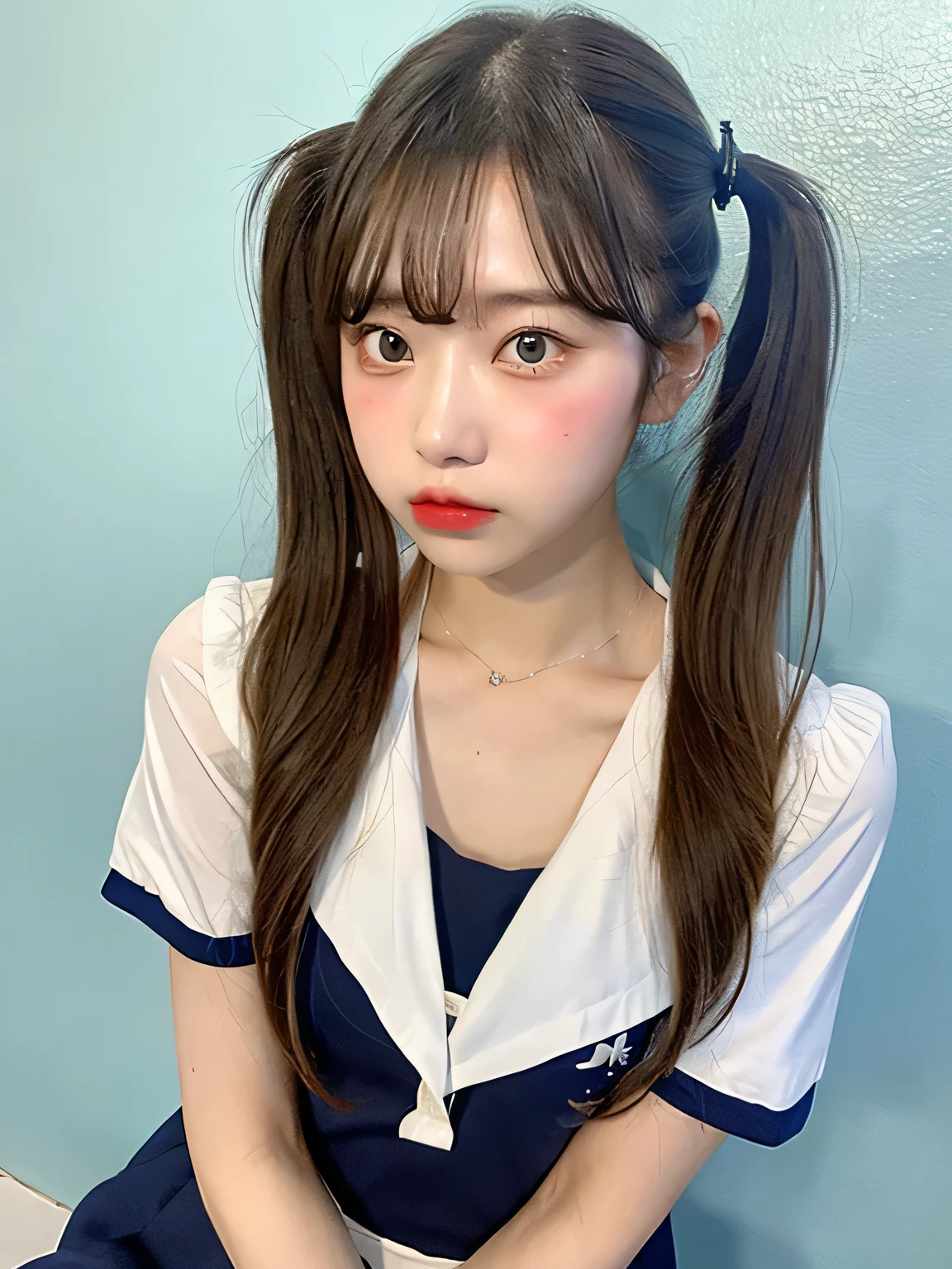 one person、15 years old、Full body photo、slender、woman、White drool coming out of the mouth、Twin tails、Blonde、  Fair skin, messy hair, super cute、Soft and Face、8k resolution、Surreal、Ultra high definition、 A-cup small breasts（（Highest resolution、8k、masterpiece：1.3））、Ultra-fine face、Ultra Fine Lips、Beautiful Eyes、double eyelid,Light blue wall、Red short-sleeved sailor suit:1.1、Yellow mini skirt、The underwear is slightly visible、Thighs、thin,Thighs are visible、Shapely small breasts、