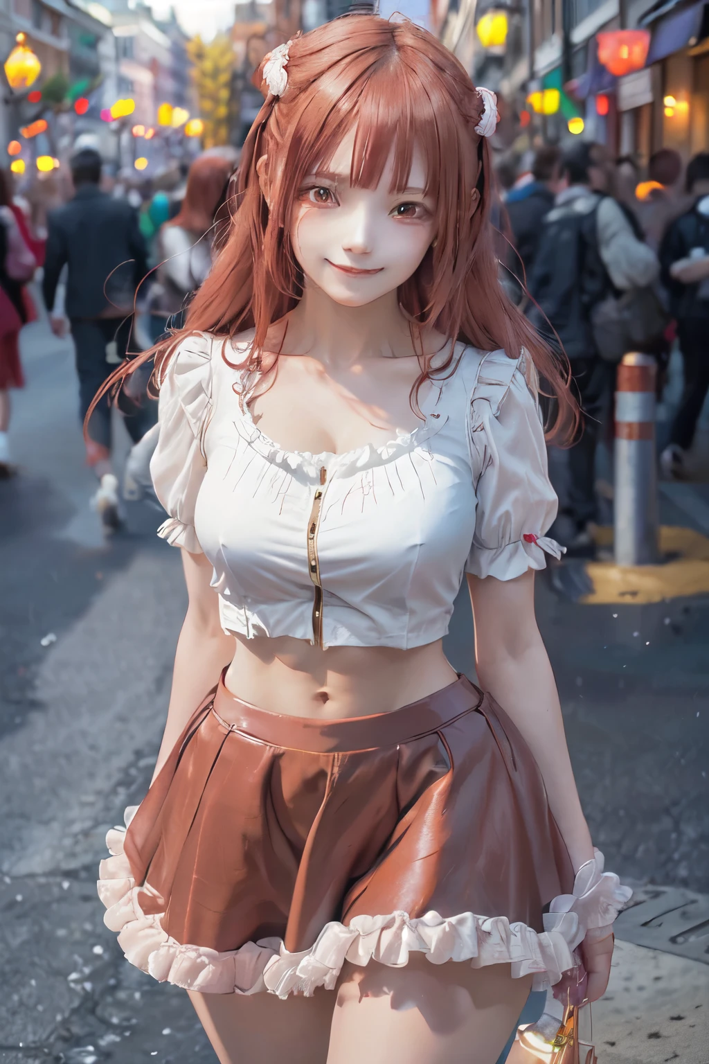 (Top Quality, High Resolution: 1.2), Super Detailed, Photorealistic: Red Eyed Girl, Red Hair, Glowing Eyes, (Fierce, Detailed) Description, Realistic Touch, Anime Style, Trained Body, (Abs) , figure style, frilly blouse, tight miniskirt, smile, holiday shopping