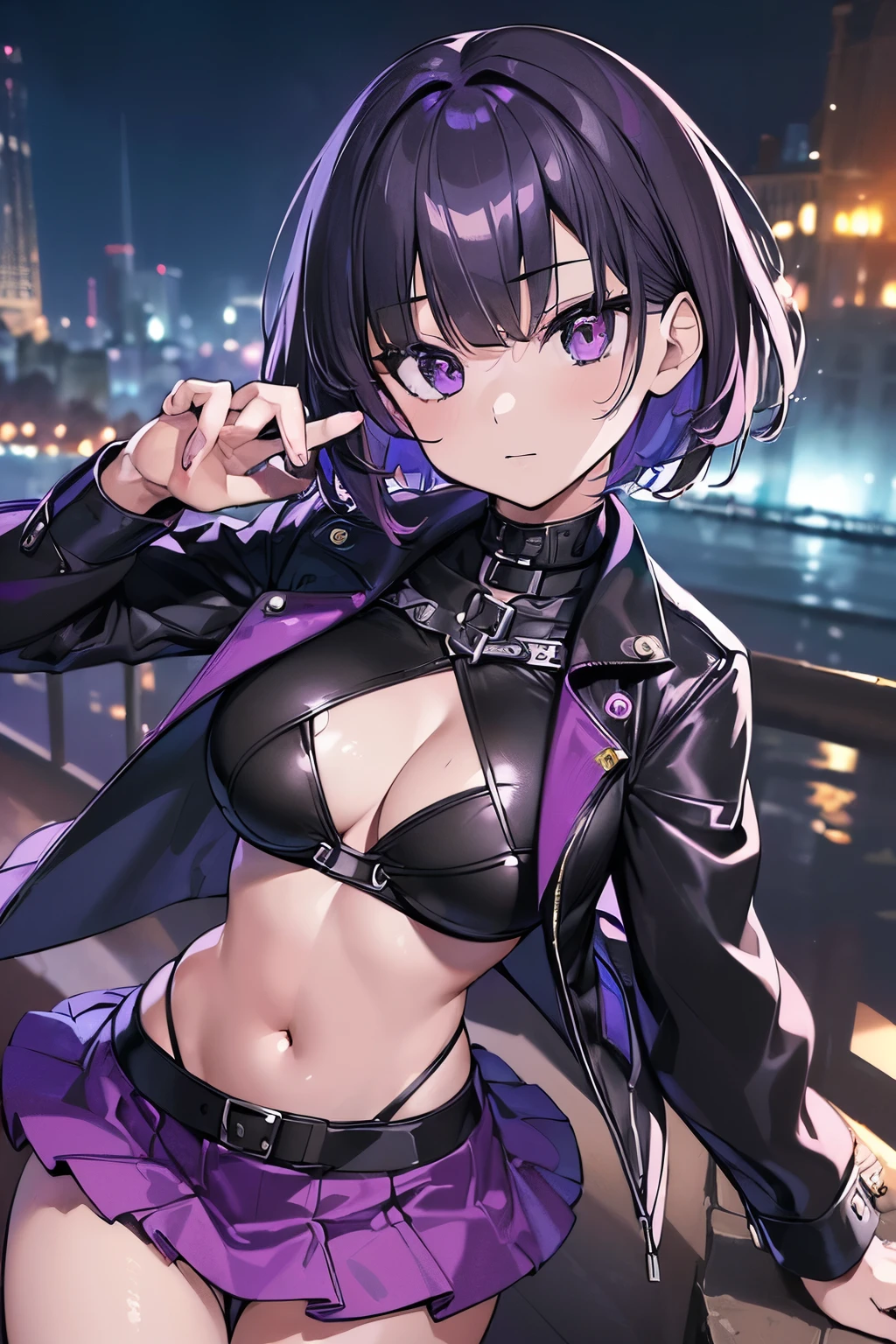 (best quality, 8k, high definition, ultra detailed, photorealistic:1.37), anime style, masterpiece, unity wallpaper, bikini violet, violet eyes, short hair, perfect anatomy, detailed faces, black jacket, short skirt, view of a palace at night.