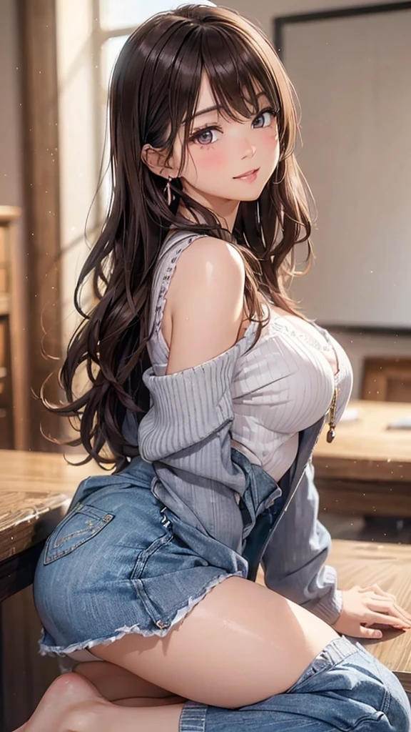 (Tabletop: 1.3), (Maximum resolution: 1.2), (Ultra HDTV: 1.2), Cinematic light, Ultra HDTV, (Fine grain and skin), (Detailed facial features), Hmph, 8k resolution, Sharp focus: 1.2, Perfect Style, Beautiful Face, Perfect body, Accurate, Anatomically correct, Highly detailed face and skin texture, Fine grain, Dark blue eyes, double eyelid, Thin eyebrows, Glitter Eyeliner: 1.2, Natural Cheeks, Glowing Skin, Fair skin: 1.2, Shiny little necklace and earrings, (Glossy Lips: 1.4), break, First Person View, (She is a very cute female teacher), (Sexy pink lace panties), (Captivating smile: 1.2), ((Pure and cute girl:1.3)), (Long Wavy Hair), (Light Brown Hair:1.2), , break, ((Very close relationship: 1.2)), Medium large breasts, ((View your viewers:1.2)), ((Library 1.2)), ((Bend your knees and open your legs wide:1.2)), (From the side:1.2),Low angle shot,Off-the-shoulder sweater Tight Denim Mini Skirt Embarrassed look Kamimei