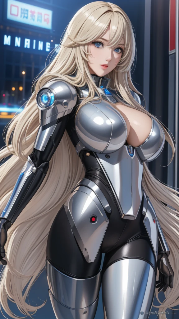 best quality, High Detail, 4K, Humanity, Robot Girl, Android Face(Metal), steel & Titanium Leather, Face(With Humanity Features), CCTV(Hard eye circles, Clear eyes), 1 girl, formal, Perfect hands(Five fingers), wig(wig), Large Breasts, Bionic Armor, full length, whole body, Masterpiece body,