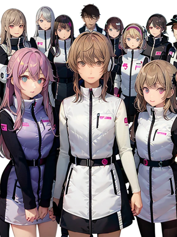 (Seven girls and one boy),(7 girls in a row),(Brunette color hair, Black-eyed ,Blonde ,White haired red eyed ,Purple hair and heterochromatic pupils ,Pink Hair, Green Eyes, change),(astrovest):3,headphones,Smart,futuristic space Classroom Background