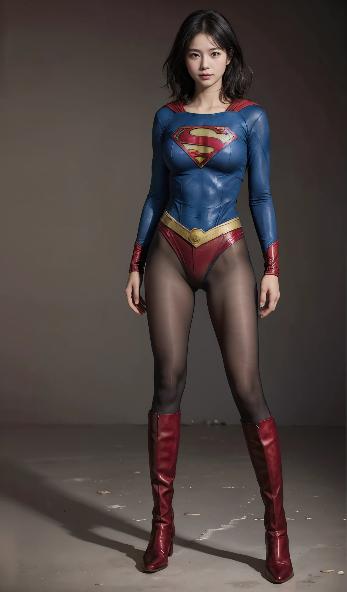 No background、(((Beautiful legs in black tights.)))、(((Legally express the beauty of your smile)))、((((Make the most of your original images)))、(((Supergirl Costume)))、(((Beautiful short bob hair)))、(((suffering)))、(((Please wear black tights....、Wear red boots)))、((Best image quality、8k))、((highest quality、8k、masterpiece:1.3))、(((Preserve background )))、Sharp focus:1.2、Beautiful woman with perfect figure:1.4、Slim Abs:1.2、Wet body:1.5、Highly detailed face and skin texture、8k