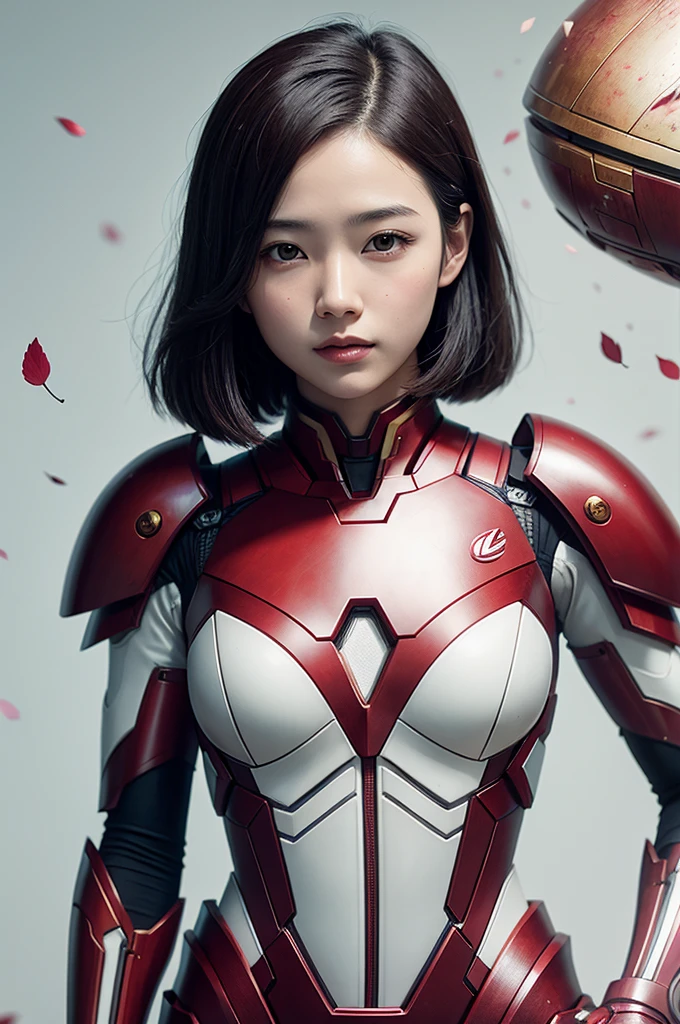 Beautiful Japan young woman, wearing the armor of iron man, Thick symmetry features, Very short hair, Background with cherry blossoms, pink halo, Red lips, Octane Rendering,