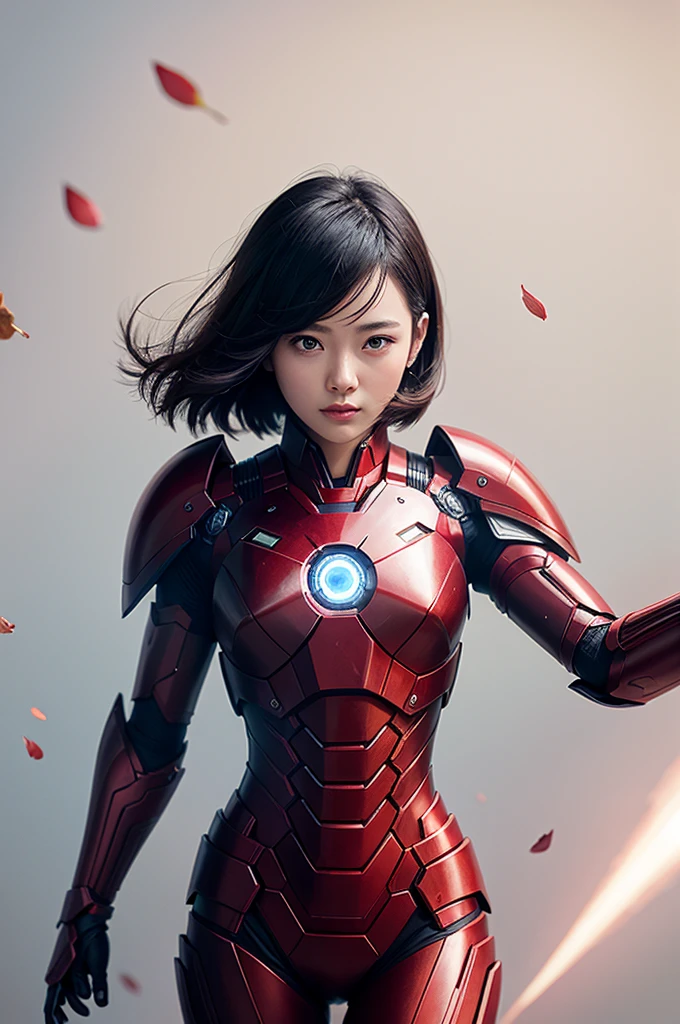 Beautiful Japan young woman, wearing the armor of iron man, Thick symmetry features, Very short hair, Background with cherry blossoms, pink halo, Red lips, Octane Rendering,