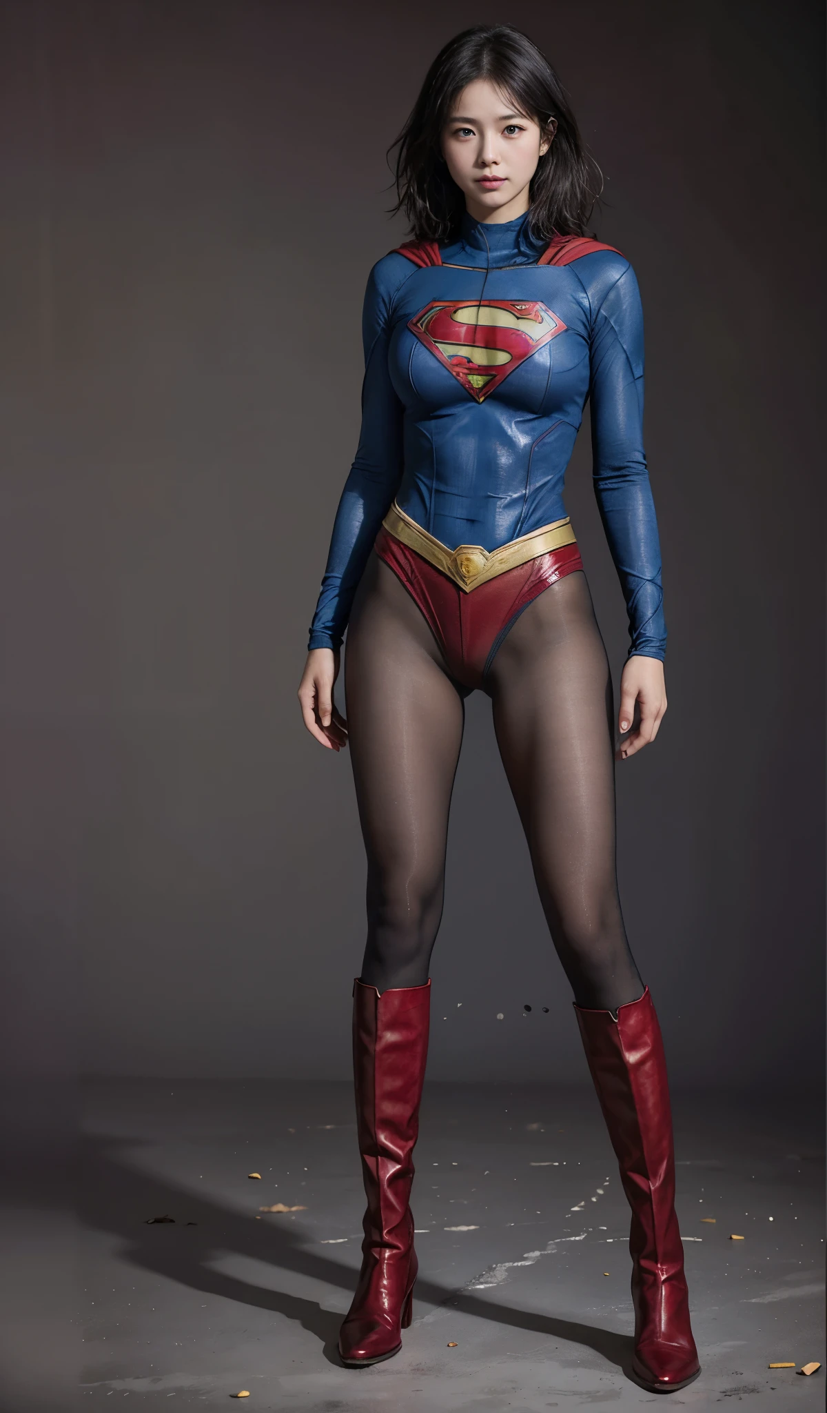 No background、(((Beautiful legs in black tights.)))、(((Legally express the beauty of your smile)))、((((Make the most of your original images)))、(((Supergirl Costume)))、(((Beautiful short bob hair)))、(((suffering)))、(((Please wear black tights....、Wear red boots)))、((Best image quality、8k))、((highest quality、8k、masterpiece:1.3))、(((Preserve background )))、Sharp focus:1.2、Beautiful woman with perfect figure:1.4、Slim Abs:1.2、Wet body:1.5、Highly detailed face and skin texture、8k