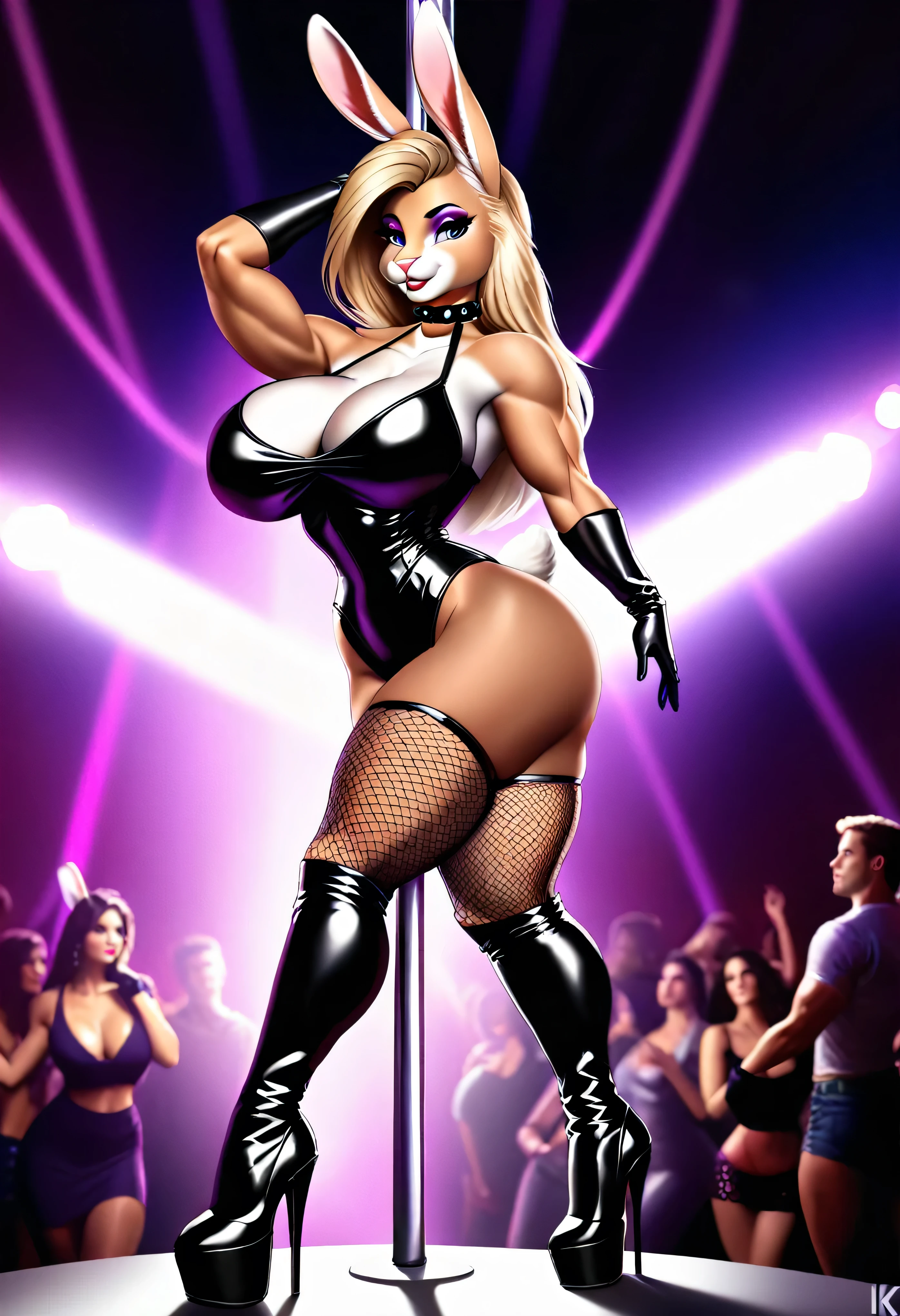 4k highly detailed realistic digital extremely high quality drawing, masterpiece, (by keeltheequine), (uploaded on e621), (a full-body portrait of a female anthro bunny), (bunny ears), ((pole dancing in a nightclub)), ((wearing a collar, leather gloves, high heel boots, fishnets)), (beautiful and detailed eyes:1.1), (thick black bimbo lips), fur, seductive, sexy, voluptuous, curvy body, hourglass figure, large breasts, muscles, cinematic lighting, (f1.8 short focus bokeh)