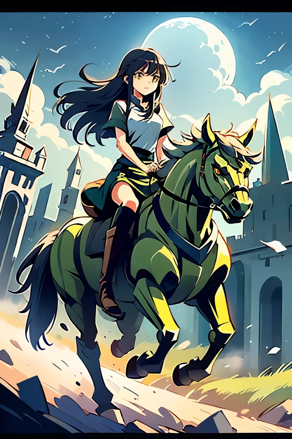 (((masterpiece))), (((best quality))), ((ultra-detailed)), (cinematic lighting), (illustration), (beautiful detailed eyes), (1girl), full body, space, knight, armour, light hair, walking, castle looming in background, best quality, expressive eyes, perfect face, Girl: (20s, black hair, long hair, dark green baggy shirt, armour, skirt, knee boots), robot horse, riding