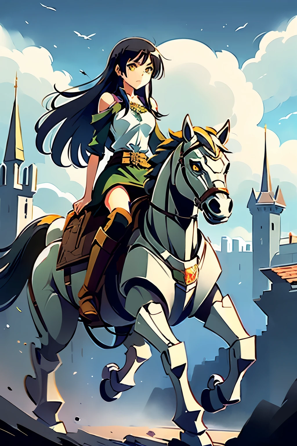 (((masterpiece))), (((best quality))), ((ultra-detailed)), (cinematic lighting), (illustration), (beautiful detailed eyes), (1girl), full body, space, knight, armour, light hair, walking, castle looming in background, best quality, expressive eyes, perfect face, Girl: (20s, black hair, long hair, dark green baggy shirt, armour, skirt, knee boots), robot horse, riding