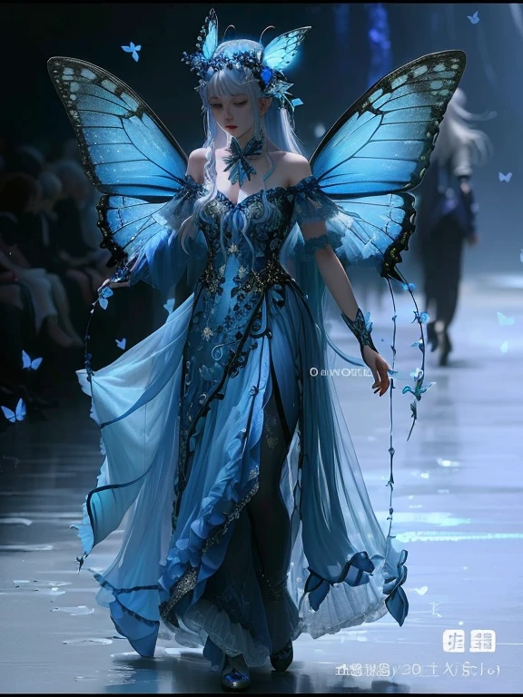 A woman in a blue dress、Close-up of a young girl with long white hair and a butterfly on her head,Fairy fantasy costumes, Clothing with blue accents, Full of fairy, , Fantasy style costumes, High Fashion Fantasy, Dreamy dress, Fairy有翅膀, high class boutique,Fairy, taken in 2 0 2 0, Fairy美學