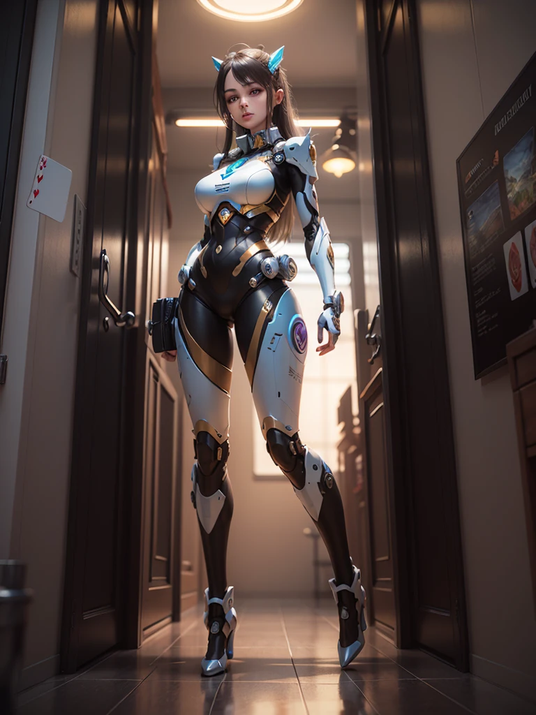 A future beautiful girl with delicate facial features, Wearing a tight mecha suit, (There is a big contrast in style and appearance), Age is a girl, concept art, Bright bright lights, (Card Modification: 1.2), 3D, (3D : 1.2) Highly detailed - automatic