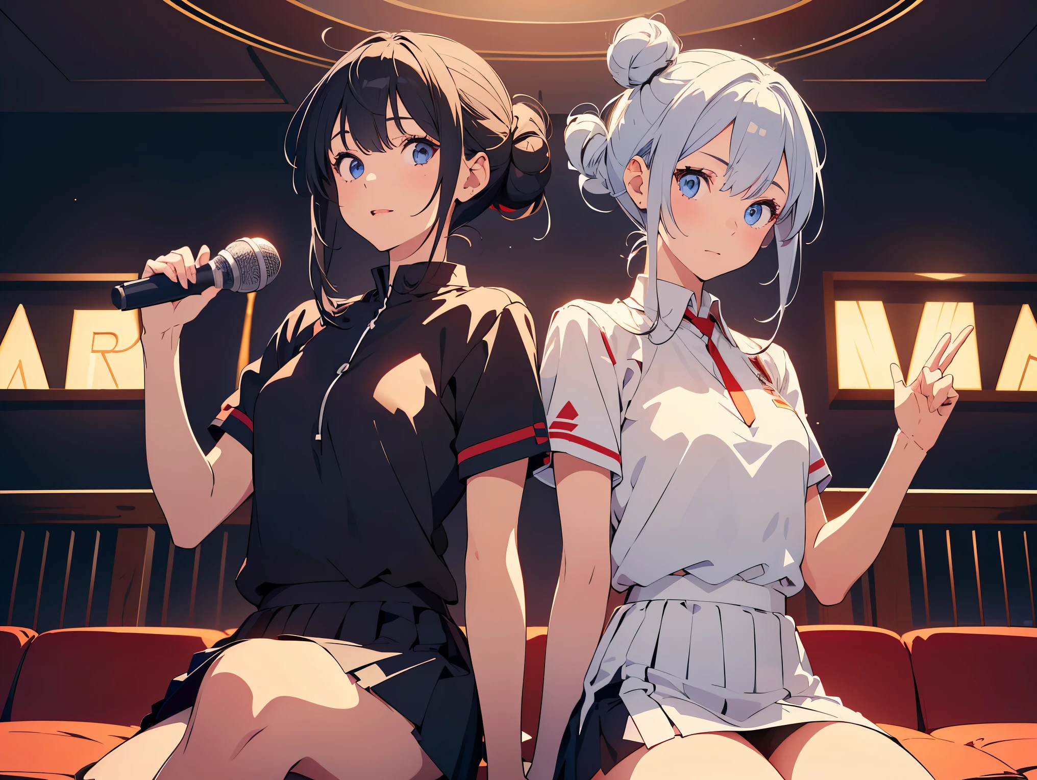 (2girls,they are sitting inside the karaoke room,hold the microphone and sing),(The first girl,round face,blue eyes,white hair,double bun hairstyle),(The second girl,triangle face,red eyes,black hair,top Knot hairstyle),t-shirt,short skirt,home,highly detailed CG, unit, 8K wallpapers, highest quality, high resolution, beautiful lighting, realistic shadow,detailed face Highly,detailed eyes Highly,detailed hair Highly