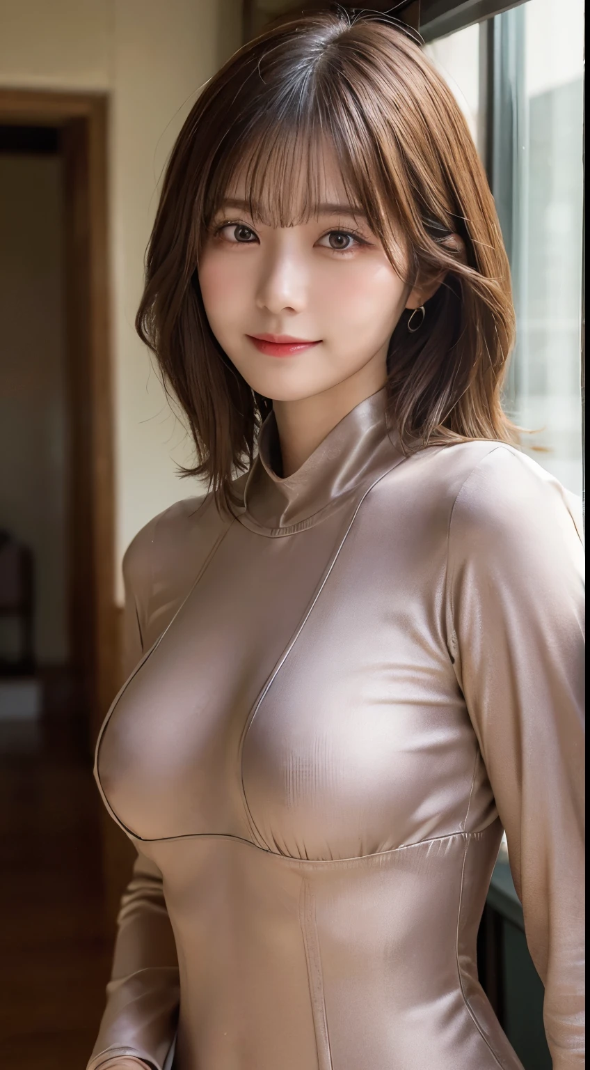 (highest quality,masterpiece:1.3,超A high resolution,),(Ultra-detailed,Caustics),(Photorealistic:1.4,RAW shooting,)Ultra-Realistic Capture,Very detailed,High resolution 16k human skin closeup。 The skin texture is natural、,Pores、It must be detailed enough to be easily identifiable.。 Skin should look healthy and have an even tone。 Use natural light and color,1 girl,Japanese,cute,26 years old,Laughs and Tears,Looking at the camera,Natural brown hair,Half Up,Generous sized breasts,Tight suit,Tight shirt,Stand upright,Looking at the camera,Inside the company,Flooded with light,(Front view),View from the front,Cowboy Shot,