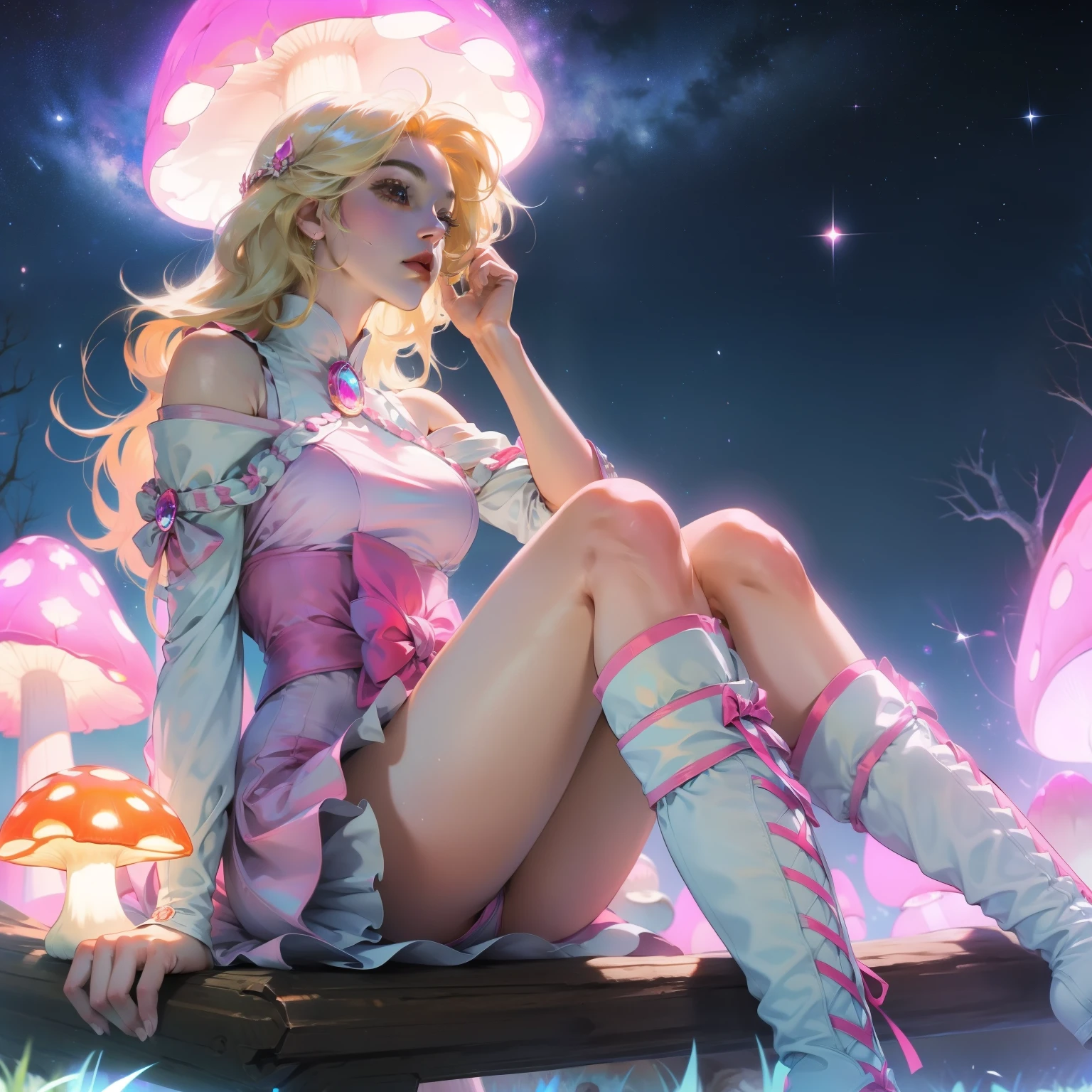 Anime girl with light blonde hair,With light blue eyes,Wearing a pink off-the-shoulder puff-sleeved dress and knee-high white boots,Sitting in the woods,Next to it is an orange mushroom,Surrounded by fireflies under the starry sky