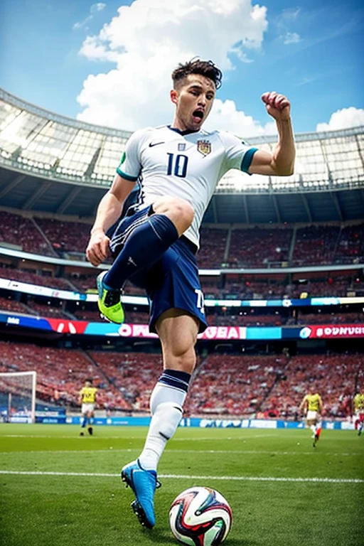 A very strong guy kicking a ball in the World Cup final in a stadium full of people in the stands heading towards the goal 

