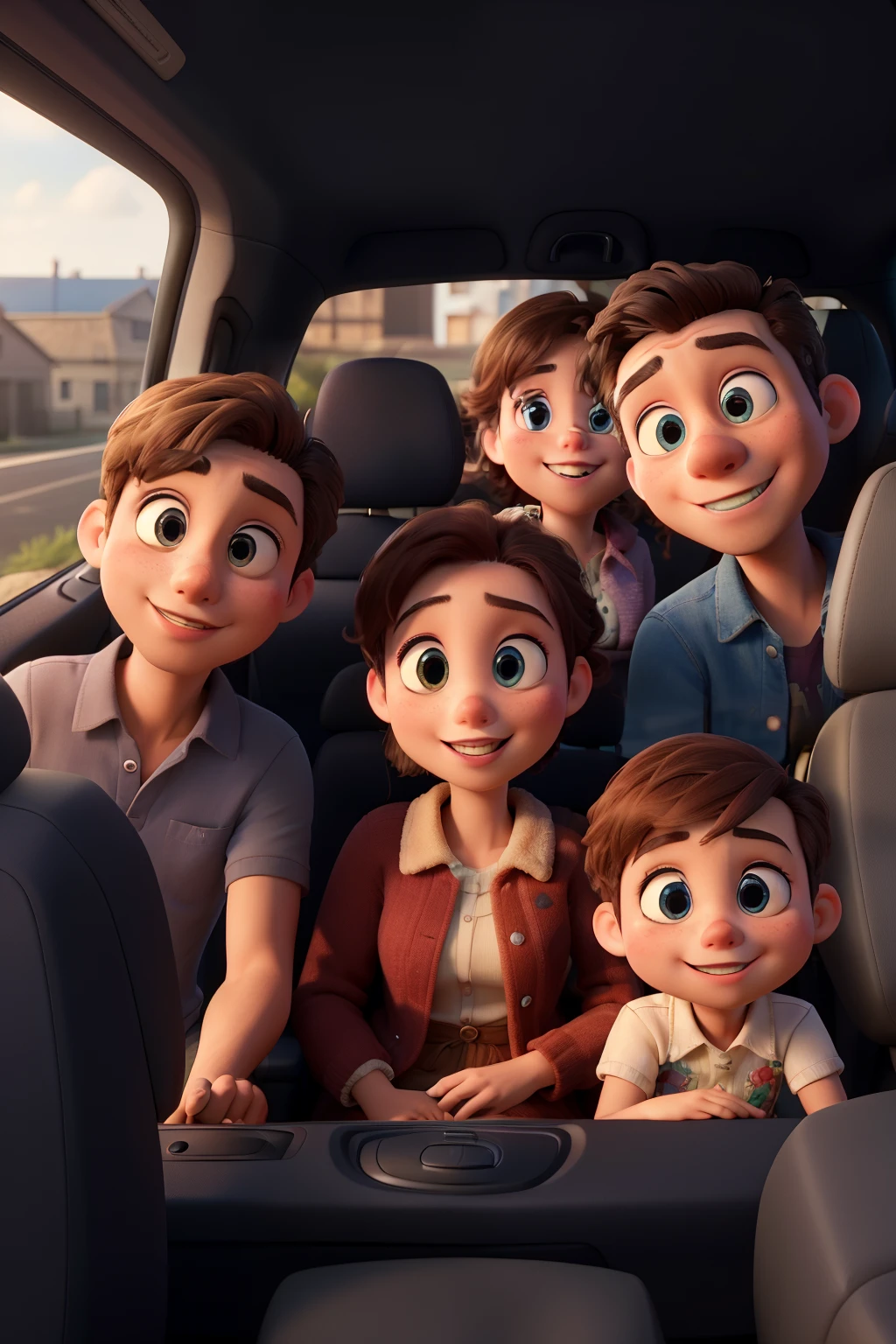 ((best quality)), ((masterpiece)), (detailed), perfect face,a five people family inside a car is talking to each other