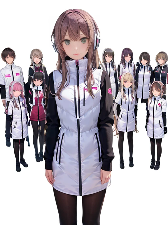 (Seven girls and one boy),(7 girls in a row),(Brunette color hair, Black-eyed ,Blonde ,White haired red eyed ,Purple hair and heterochromatic pupils ,Pink Hair, Green Eyes, change),(astrovest):3,headphones,Smart,futuristic space Classroom Background