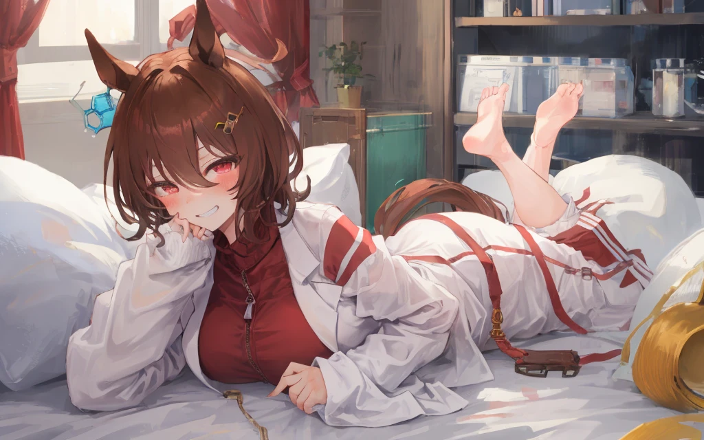 (sleeves past fingers:1.3), lying bed, huge breasts, Temptation, (1girl), solo, focus face, lay on side, cute pose, too long sleeves, (gigantic breasts:1.2), (beautiful detailed red crimson eyes:1.0), (White lab coats with zippers at the hem), sweater,  tie, pantyhose, hair ornaments, horse tail, window, agnes tachyon \(umamusume\), place elbows on the bed, drunk, (blush0.7, seductive grin smug, looking at viewer, hand101 