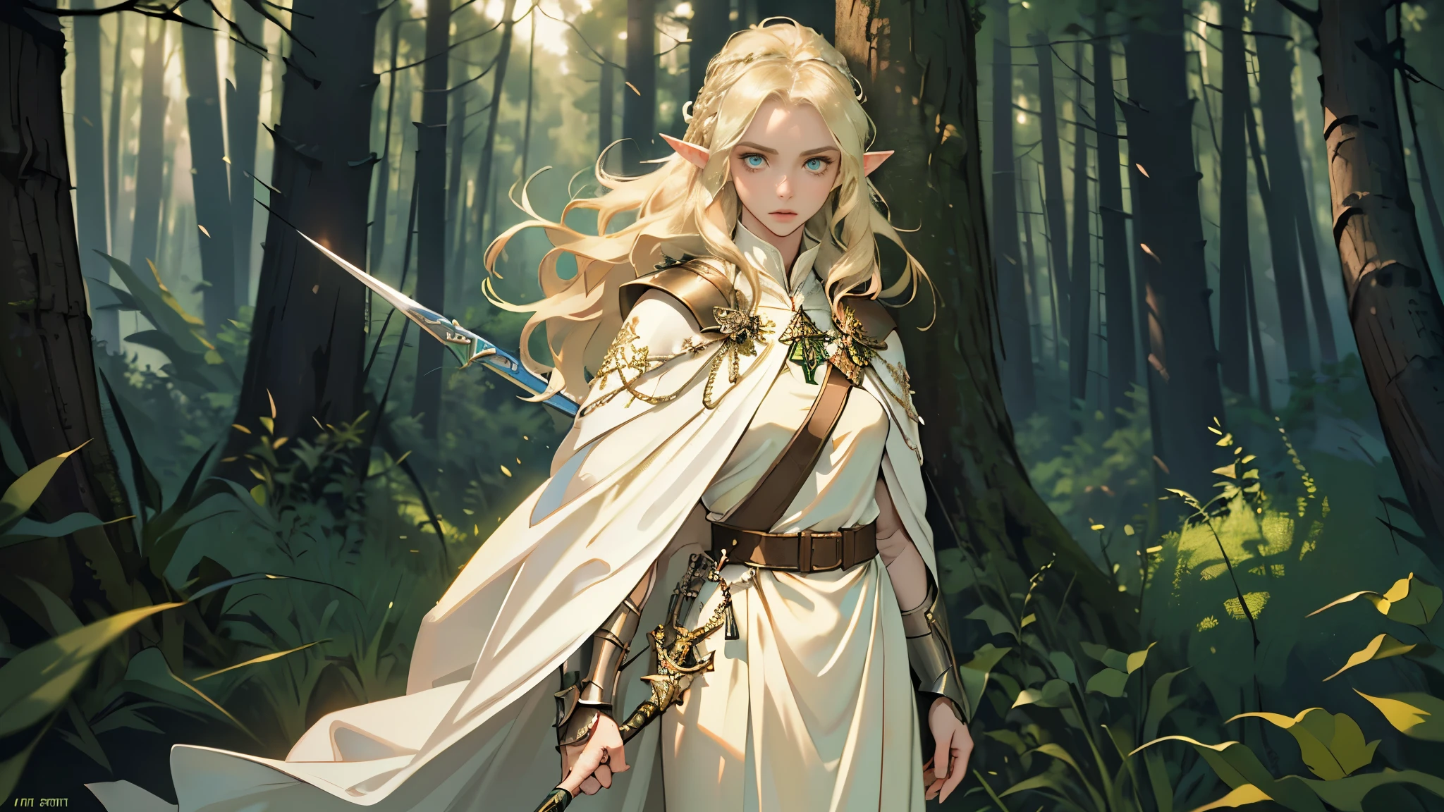 masterpiece, ultra detailed, 8K Portrait, Raw photo, a portrait photo of, Highly detailed face, beautiful and meticulous eyes, ((Fantasy)), Young beautiful, (((expressionless))), (((woman soldier))), ((elf)) tall, wavy long hair, gentle face, (((skin as white as pearl))), ((blond)), twig hair ornament, (((white silk long cloak))) Fluttering in the wind, (((light green and brown cloth armor))), leather boots, (crouching on a tree branch), ((equip a rapier)), (((with the spirit of the wind))), Midday Sun, Hyper realistic, Body model, Small , Beautiful breastslegs, in a deep forest, Ambient lighting, Shadow details, Camera focus on face, strong breeze, Light fog