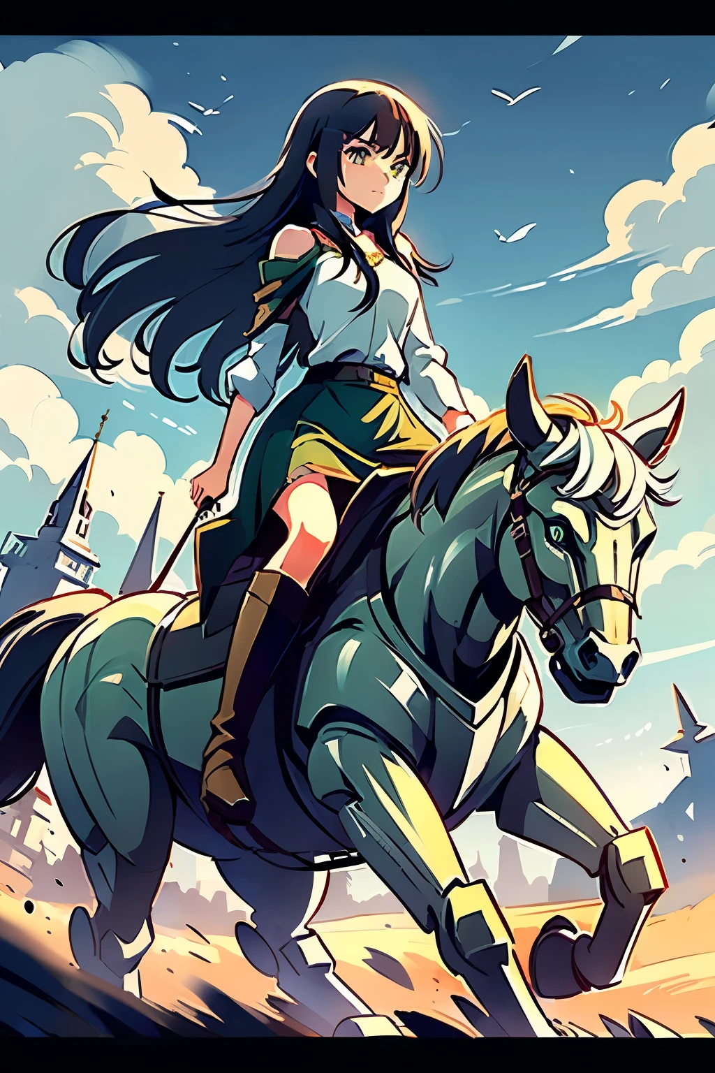 (((masterpiece))), (((best quality))), ((ultra-detailed)), (cinematic lighting), (illustration), (beautiful detailed eyes), (1girl), full body, space, knight, armour, light hair, walking, castle looming in background, best quality, expressive eyes, perfect face, Girl: (20s, black hair, long hair, dark green baggy shirt, armour, skirt, knee boots), robot horse, riding