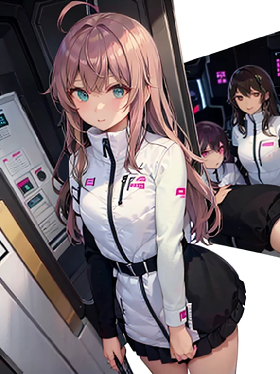 top-quality、masuter piece、covers、2girls、(White spacesuit)、(a blond):1.5、(Futuristic, tight-fitting bodysuit)、head phone、Cyberpunk spaceship interior background、masterpiece、top-quality、