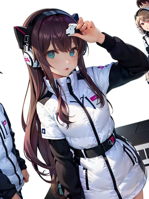 (Seven girls and one boy),(7 girls in a row),(Brunette color hair, Black-eyed ,Blonde ,White haired red eyed ,Purple hair and heterochromatic pupils ,Pink Hair, Green Eyes, change),(astrovest):3,headphones,Smart,futuristic space Classroom Background,BREAK inside spaceship room