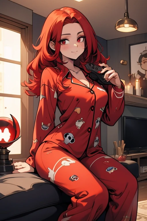 A red haired woman with red eyes and an hourglass figure in cute pajamas is holding a game controller in a living room