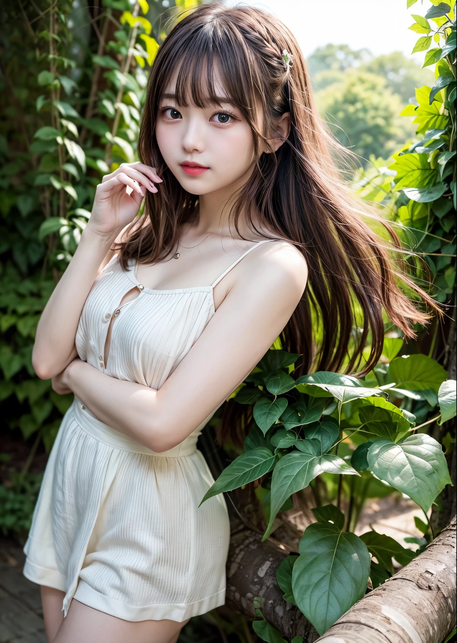 Cute women photos real、A woman in a heart-shaped hole in an ivy leaf wrapped around a thick tree、smile、Medium Aquamarine色のシャツに短パン、Slim body、Long hair with bangs、A small light shines in the hole.、in the forest、Sharp images、High color reproducibility、Attention to detail、live-action、Alluring、Pop and catchy、Colorful and fun atmosphere