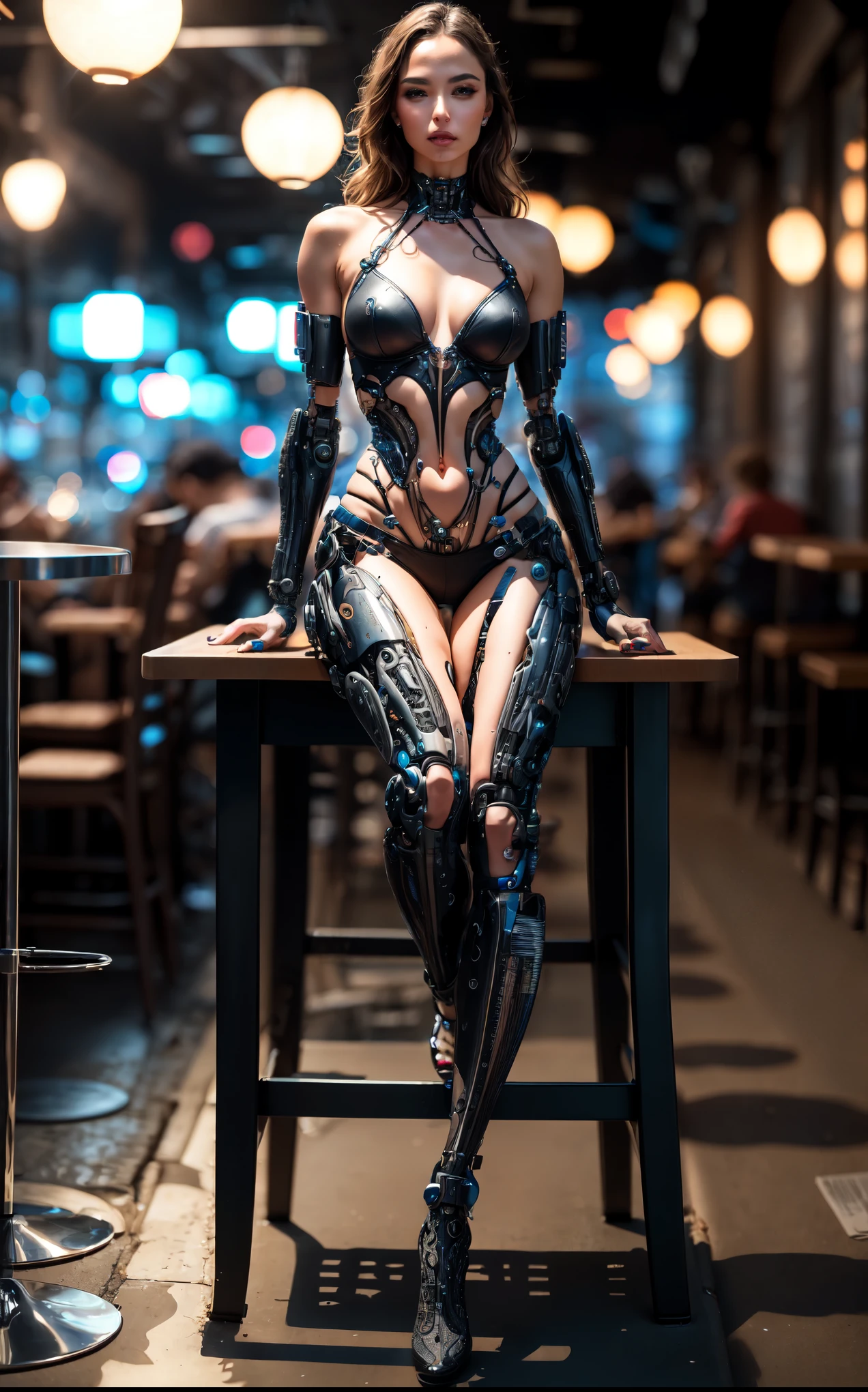 Sexy female cyborg erotically sitting at a table in a sidewalk cafe, foot on foot, (Best quality, 4K, 8k, A high resolution, masterpiece:1.2), absurdity, masterpiece, ultra detailed, (realistic, photorealistic, photorealistic:1.37), complex parts, HDR, (complex parts:1.12), (hyper detailed, hyper realistic, Soft lighting, spicy:1.2), beautiful figure, Magnificent Anatomy, (complex part, Hyper detailed:1.15), Smooth skin,