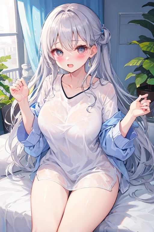 Beautiful illustrations, highest quality, Cute Woman、Clear Face、、blush、Perfect hands、Thighs、(Perfect Face:1.1), Beauty、Adult women、Shirt only、Long silver hair、Boyfriend Shirt、shirt、