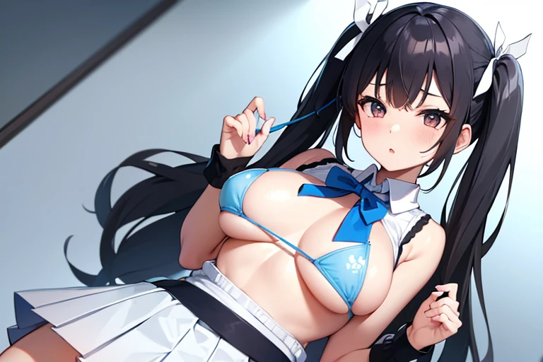 Skipping busty girl、Wearing a light blue micro bikini and a white pleated skirt、Black hair in twin tails、White ribbon、Dark Eyes、Brown eyes