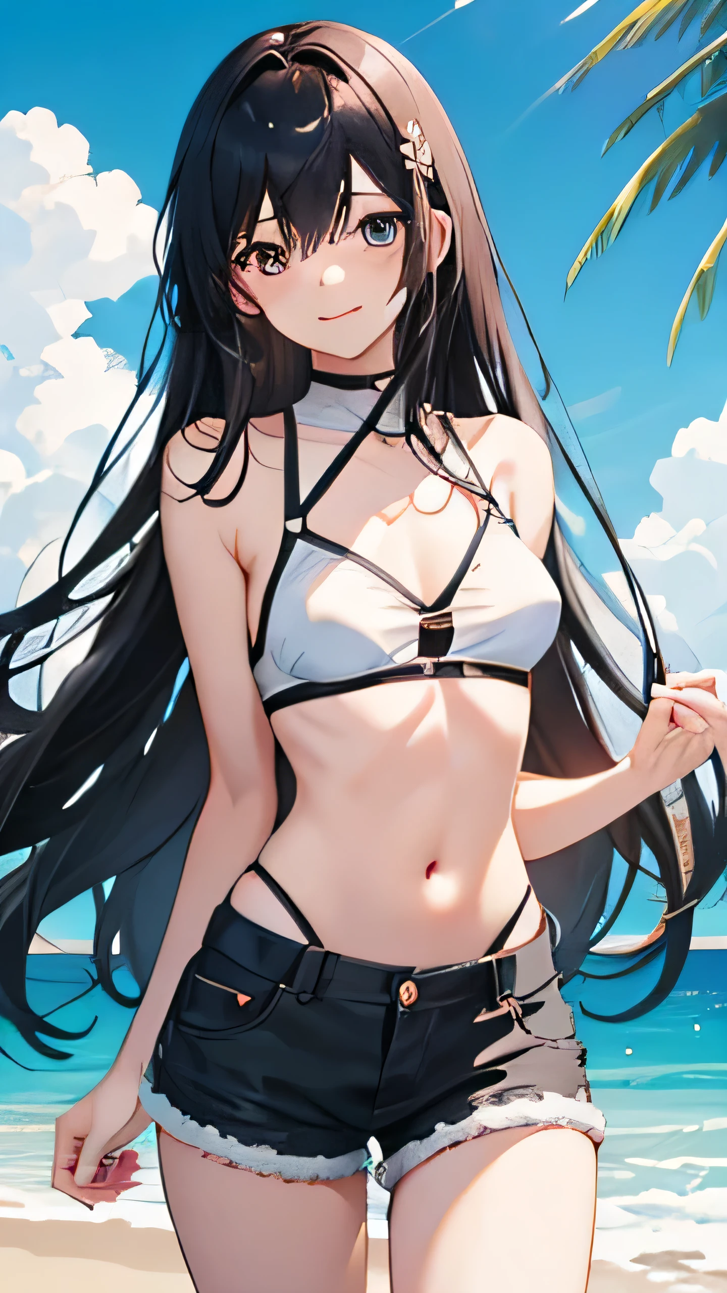 anime、Black Hair、long hair、Small breasts、20years old、White bra、Shorts、one person、beach、smile