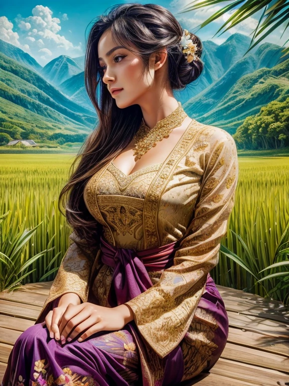 Gorgeous busty alluring curvy seducing Dutch-Sundanese peasant woman donning a semi transparent mediocre tight and thin kebaya dress and tight batik long skirt, simple messy bun hairdo with small beautiful flowers in her hair, insanely detailed and intricate terraced rice field background with bamboo forest and coconut plantation in a far distance, a vibrant beautiful flower bush in foreground, oil on canvas painting, realistic style, heavily influenced by Don Lawrence photorealistic brush stroke style