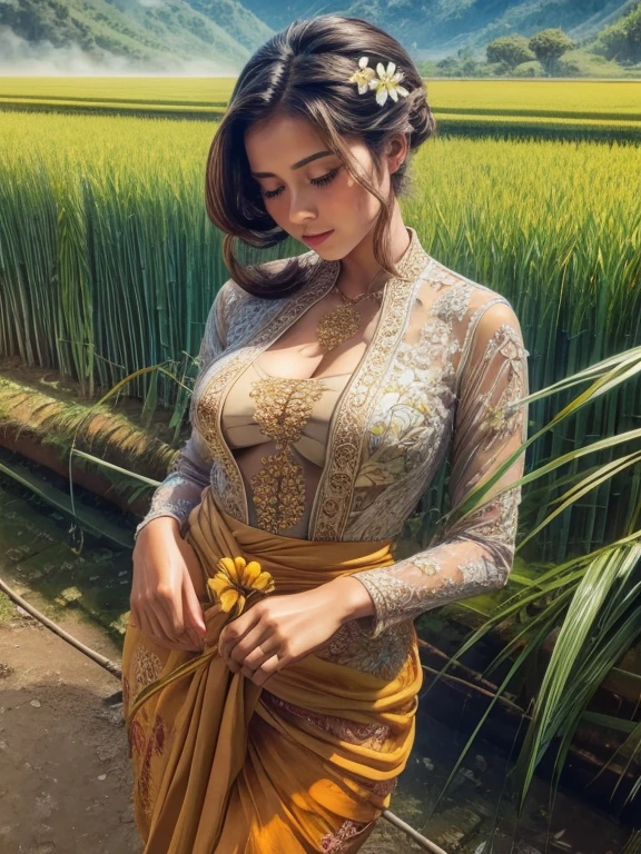 Gorgeous busty alluring curvy seducing Dutch-Sundanese peasant woman donning a semi transparent mediocre tight and thin kebaya dress and tight batik long skirt, simple messy bun hairdo with small beautiful flowers in her hair, insanely detailed and intricate terraced rice field background with bamboo forest and coconut plantation in a far distance, a vibrant beautiful flower bush in foreground, oil on canvas painting, realistic style, heavily influenced by Don Lawrence photorealistic brush stroke style