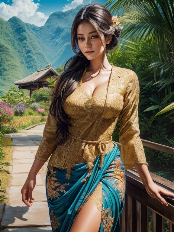 Gorgeous busty alluring curvy seducing Dutch-Sundanese peasant woman donning a semi transparent mediocre tight and thin kebaya dress and tight batik long skirt, simple messy bun hairdo with small beautiful flowers in her hair, insanely detailed and intricate terraced rice field background with bamboo forest and coconut plantation in a far distance, a vibrant beautiful flower bush in foreground, oil on canvas painting, realistic style, heavily influenced by Don Lawrence photorealistic brush stroke style