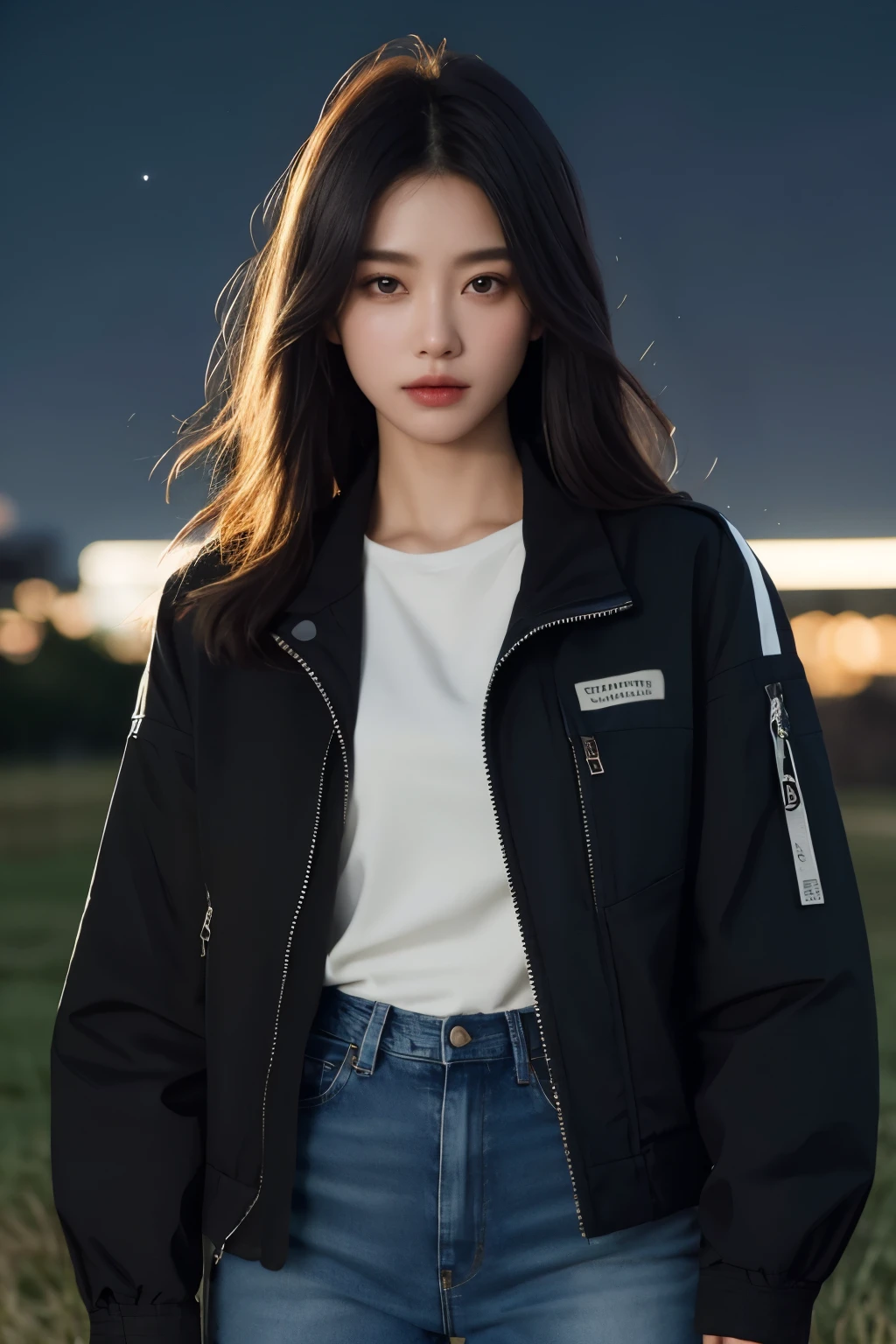 1 Girl, Starry Sky, Black jacket, Open jacket, White shirt, Ragged jeans, (best quality:1.1), (masterpiece:1.2), High quality shadows, Beautiful and detailed, (Highly detailed skin, Skin details), (Wide_landscape, 8k), Pretty Face, Delicate eyes, Depth of Field, Dramatic lighting, best quality, The best shadow, Optimal lighting