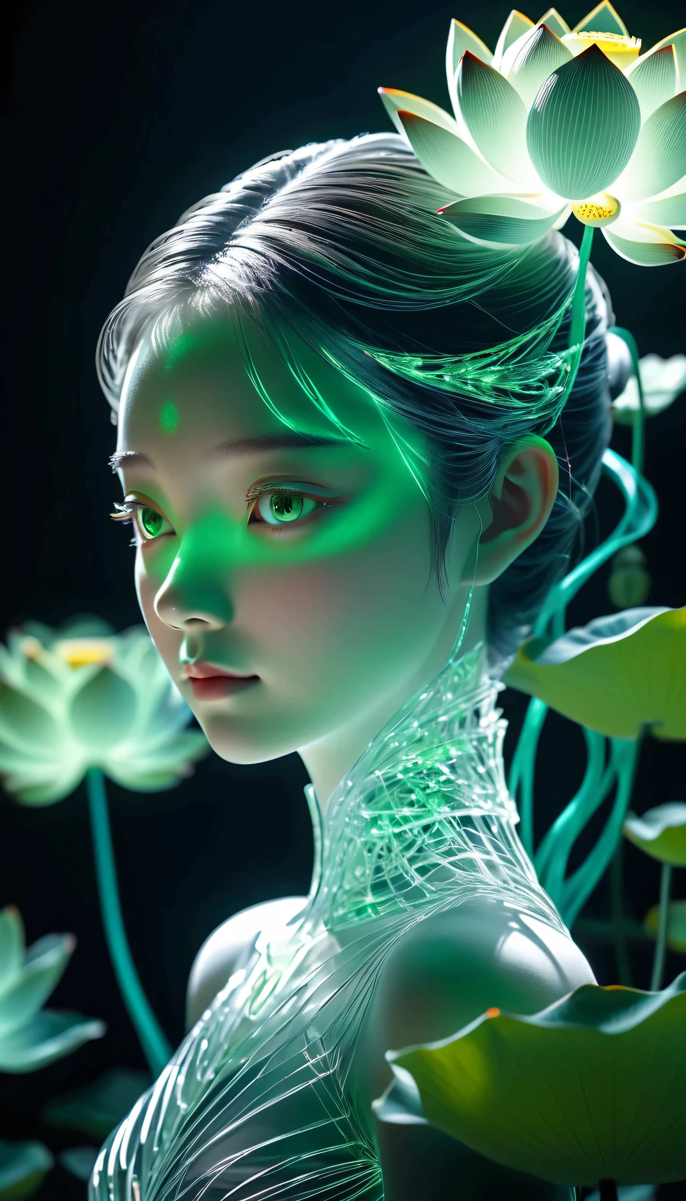 high resolution, Ultra Detailed, (1 female:1.3),Pretty Face，Perfect face，Art，（lotus）
Rest in the sun, reverberation, Experimental photography, Surreal contrasts, Eye-Catching Visuals, ArtAbstract,Atmosphere Breaking Cut Art, Layered contours, Complex Mode, exquisite craft, shadow play, Depth and size, creative expression,
Break Art, Frozen sculpture, translucent form, short-lived beauty, Crystal structure, exquisite craft, Touch,
Broken Green Eye,Body Glow，glowing lines，Fluorescence,Glow Example，Sample tracking，flash，萤Light Particles，Backlight，translucent，Light Particles