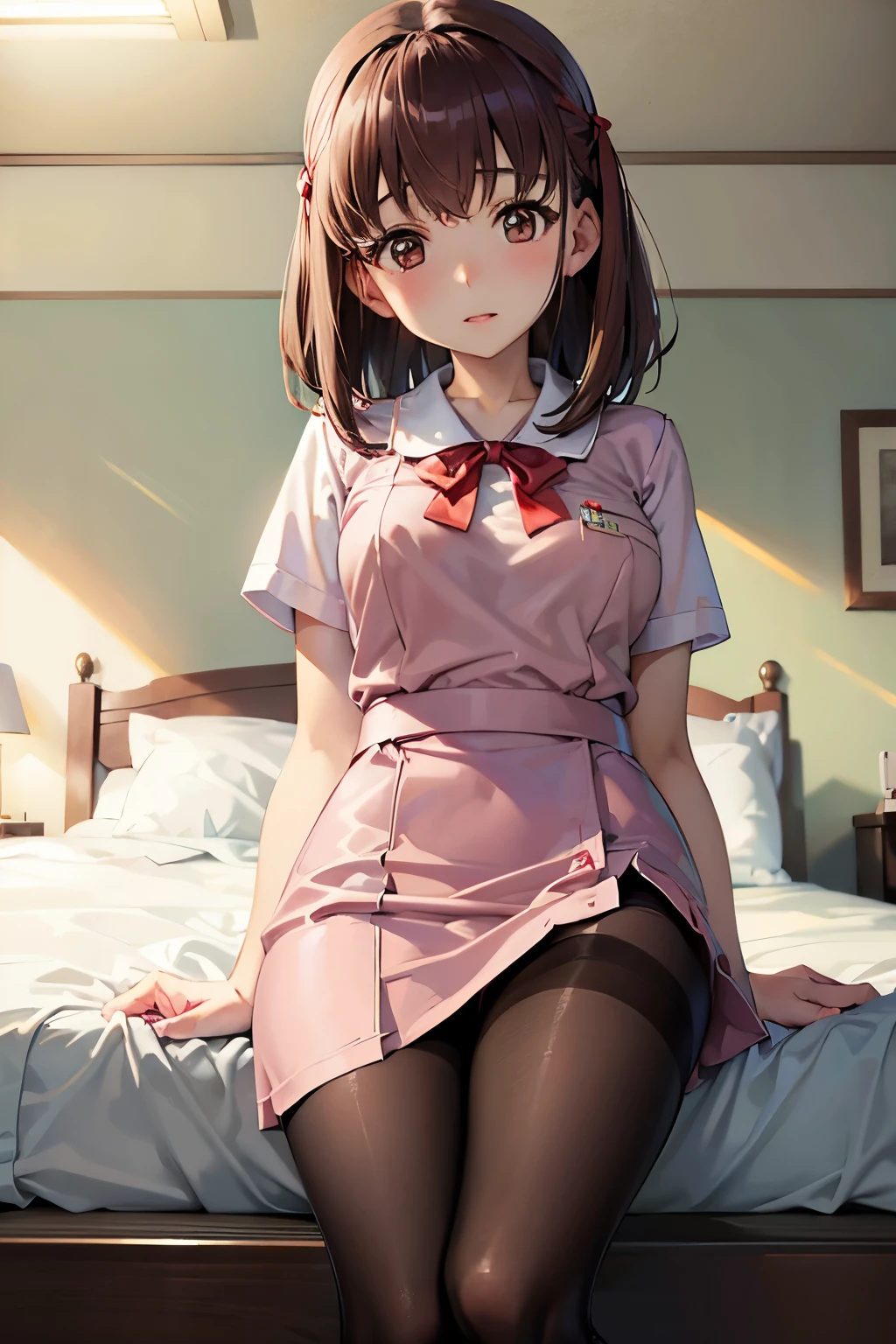 Taeko Kondo、Girls&Panzer、Brown Hair、Short Hair、((pantyhose))、Photo from below、Medium chest、Bedroom、(Nurse uniform)、Red ribbon、mini skirt