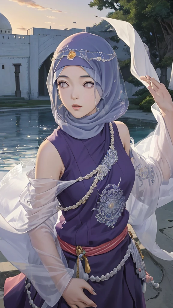 (masterpiece, top quality, best quality, official art, beautiful and aesthetic: 1.2), (1girl), (depicted as Hyuga Hinata from the anime Naruto), (long dark blue hair, cascading down her shoulders), (styled with white eyes, distinctive of her Byakugan heritage), (beautiful, with expressive features and captivating charm), (clad in purple clothes, traditional to Muslim attire), (wearing a mukena, intricately designed and flowing), (head adorned with a hijab, adding a layer of cultural authenticity), (set against a serene mosque background), (ultra-detailed, every fiber