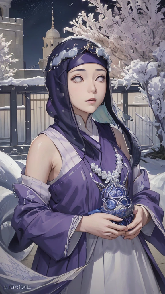 (masterpiece, top quality, best quality, official art, beautiful and aesthetic: 1.2), (1girl), (depicted as Hyuga Hinata from the anime Naruto), (long dark blue hair, cascading down her shoulders), (styled with white eyes, distinctive of her Byakugan heritage), (beautiful, with expressive features and captivating charm), (clad in purple clothes, traditional to Muslim attire), (wearing a mukena, intricately designed and flowing), (head adorned with a hijab, adding a layer of cultural authenticity), (set against a serene mosque background), (ultra-detailed, every fiber