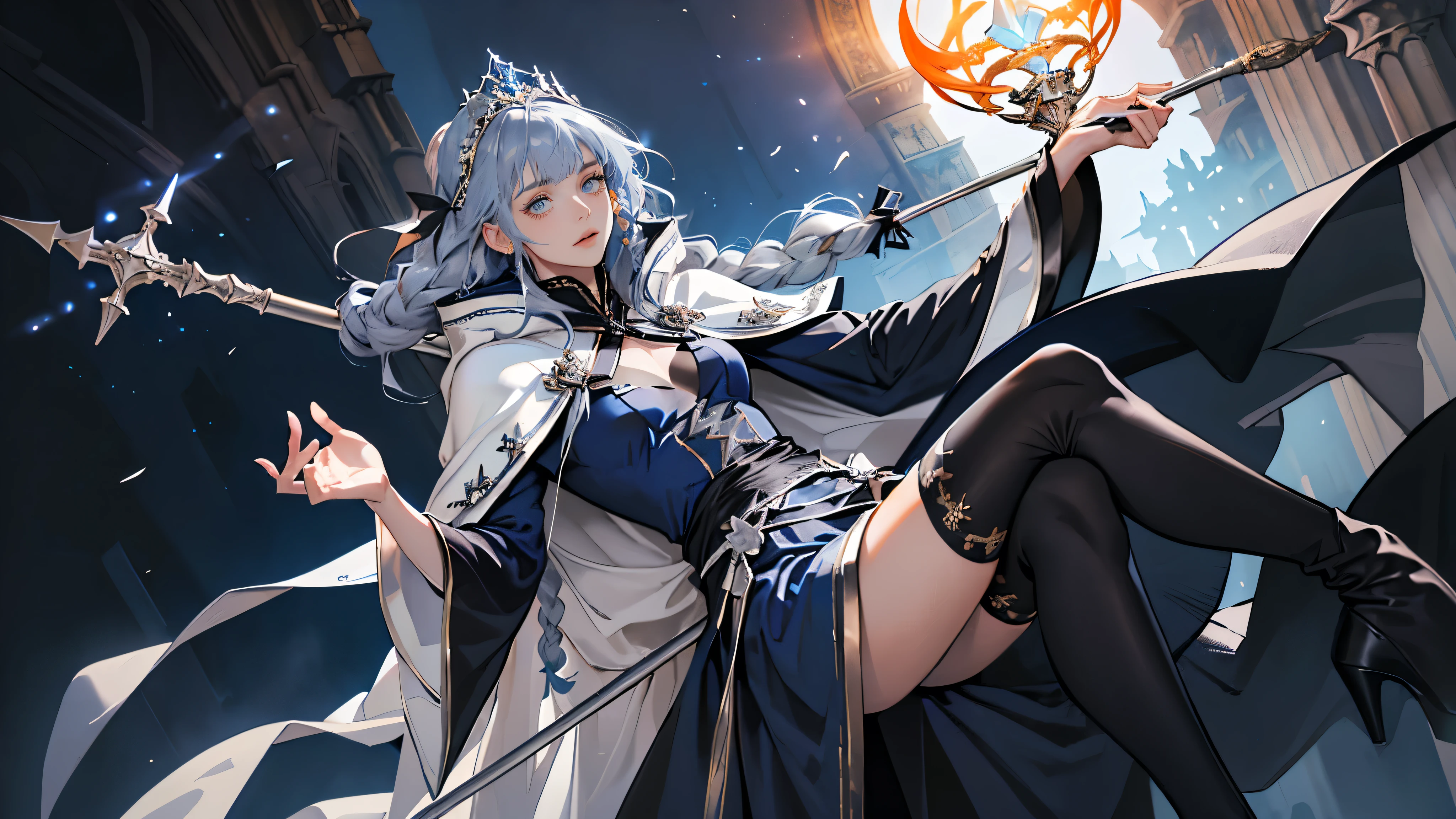 masterpiece, ultra detailed, 8k portrait, RAW photo, portrait photography, highly detailed face, beautiful and meticulous eyes, ((Fantasy)), Young beautiful, 22 years old, dynamic pose, (((expressionless))), (((blue gray colored hair))), ((one side braided with orange hair ribbon))), blunt bangs, White skin color, ((silver tiara)), Luxury, (((silver Silk Long Cloak))), (((Gorgeous Deep blue long robe))), (((dark thigh high tights))), high cut leather boots, ((lift up long magical staff)), Midday Sun, hyper realistic, Body model, Small breasts, Beautiful breasts, Long legs, in the castle, Ambient lighting, Shadow details , Camera focus on thigh, strong breeze, Light fog