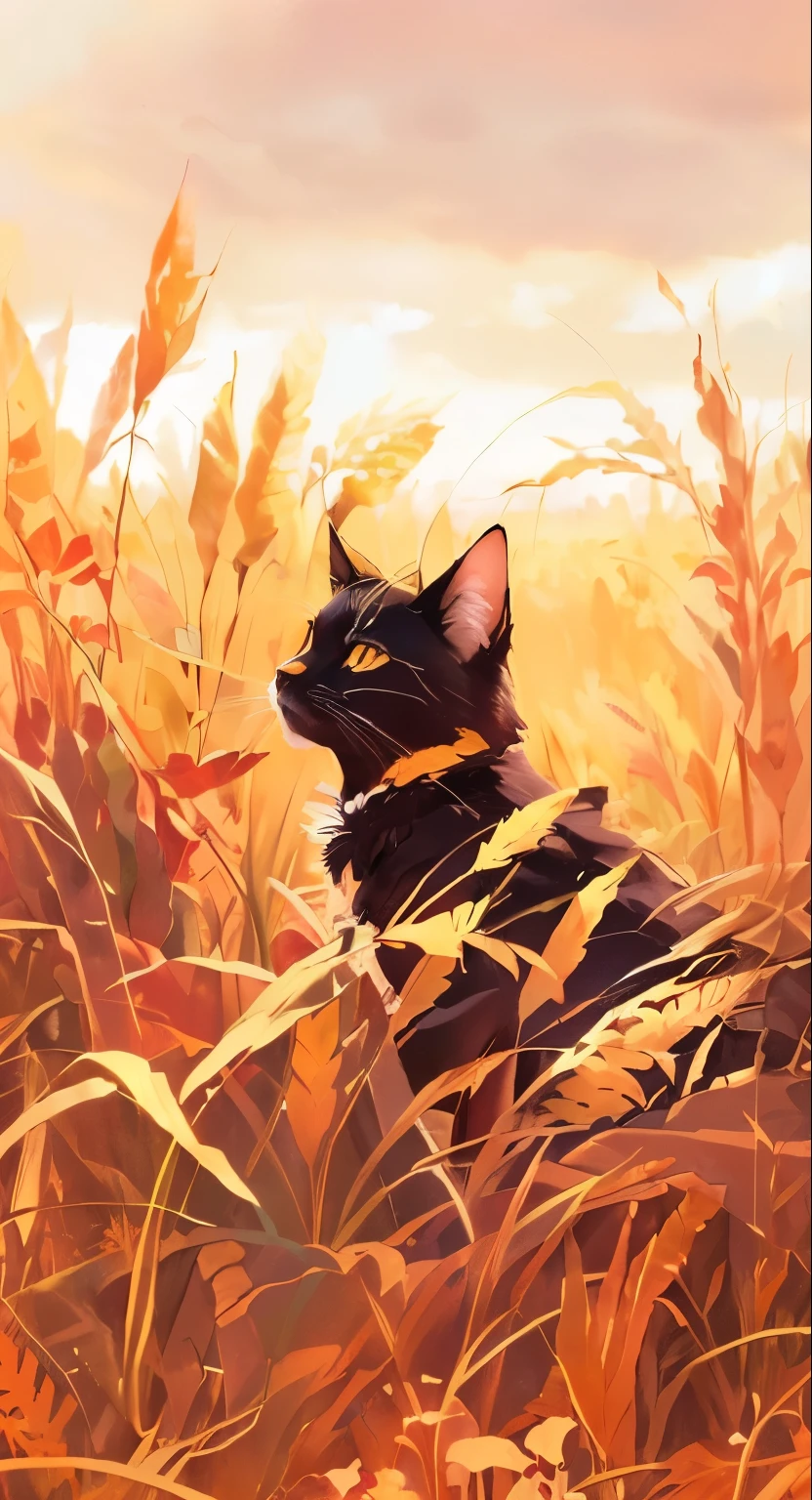 hay un gato negro sentado en un campo de hierba alta, gatos guerreros fan art, gatos guerreros, solo una broma, gato animado, anime visual of a lindo cat, 🍁 lindo, very very beautiful arte peludo, fanart detallado, por Yang J., fondo de arte, arte lofi, gatos y plantas, gatos guerreros book series, arte peludo, en un campo de trigo
