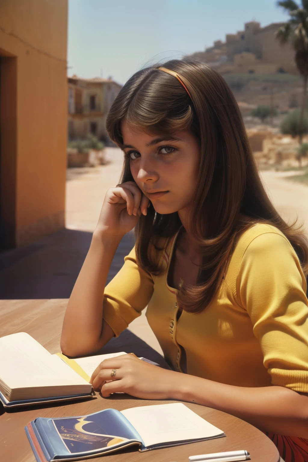 Tharsis, Spain, 1979. A young ((((17-year-old)) Carmela Estévez)), writing a novel, ((((summer clothings from the 1970s)))), ((hairstyle of the 1970s)), colorful