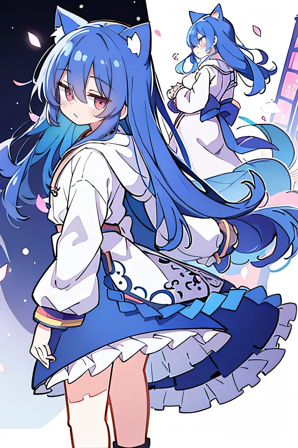 （masterpiece：1.2），Super detailed，lifelike，Expressive eyes，fair skin，perfect face shape，1 girl，
Japanese comics,Gorgeous blue hair,flowing blue hair,flowing clothes,Cat ears,Petals fall,beautiful lola,Baby Angel,
Shaking head with one hand，Cross your legs，Gentle and peaceful background，The pavilion is cool and comfortable,smile, wearing hoodie, background of tokyo,back views,snowing, winter.