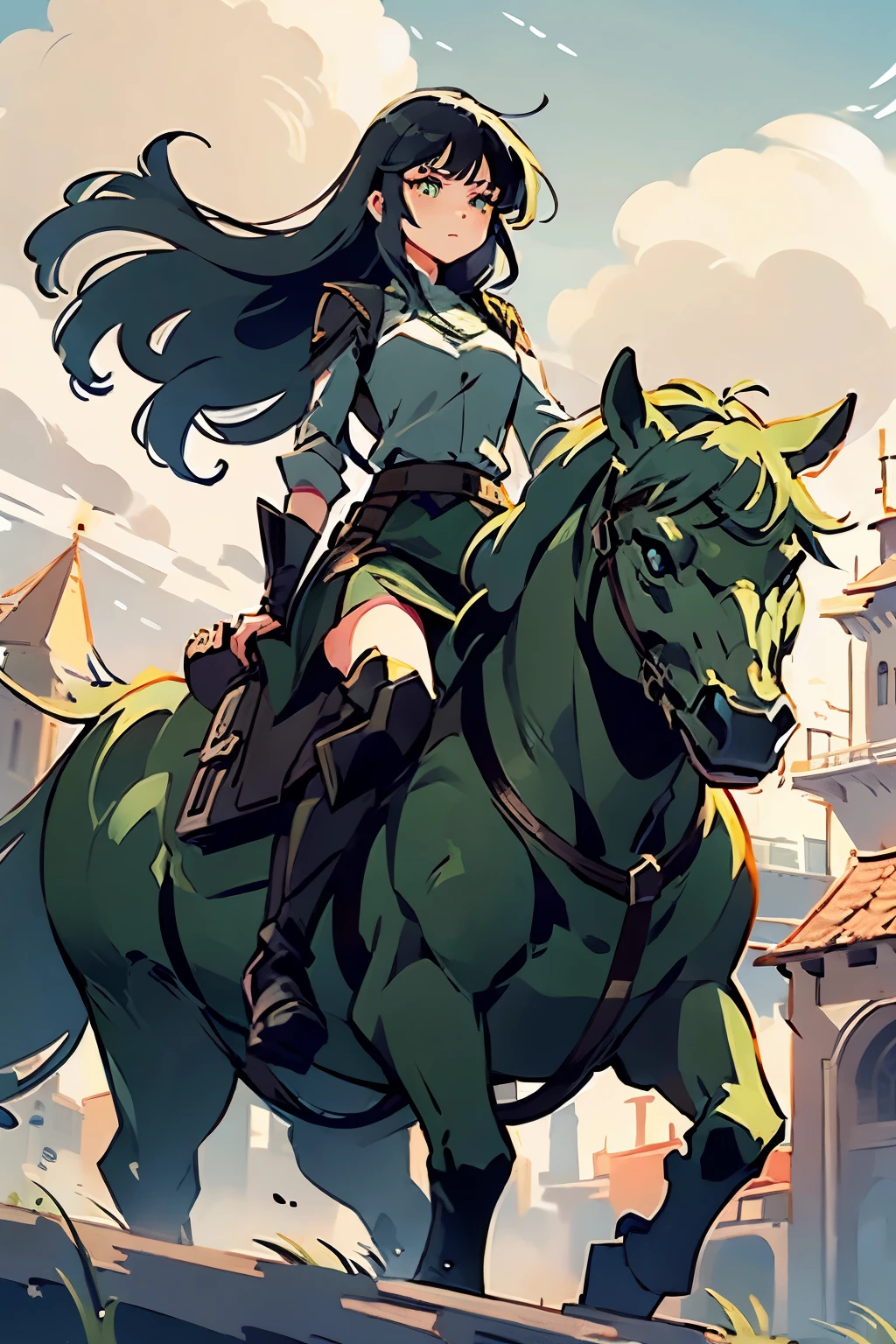 (((masterpiece))), (((best quality))), ((ultra-detailed)), (cinematic lighting), (illustration), (beautiful detailed eyes), (1girl), full body, knight, armour, light hair, walking, castle looming in background, best quality, expressive eyes, perfect face, Girl: (20s, black hair, long hair, dark green baggy shirt, futuristic armour, skirt, knee boots), robot horse, riding