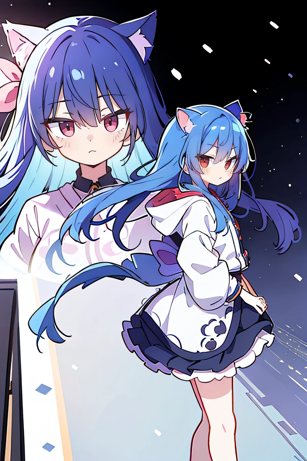 (masterpiece:1.2),Super detailed,lifelike,Expressive eyes,fair skin,perfect face shape,1 girl,
Japanese comics,Gorgeous blue hair,flowing blue hair,flowing clothes,Cat ears,Petals fall,beautiful lola,Baby Angel,
Shaking head with one hand,Cross your legs,Gentle and peaceful background,The pavilion is cool and comfortable,smile, wearing hoodie, background of tokyo,back views,snowing, winter.