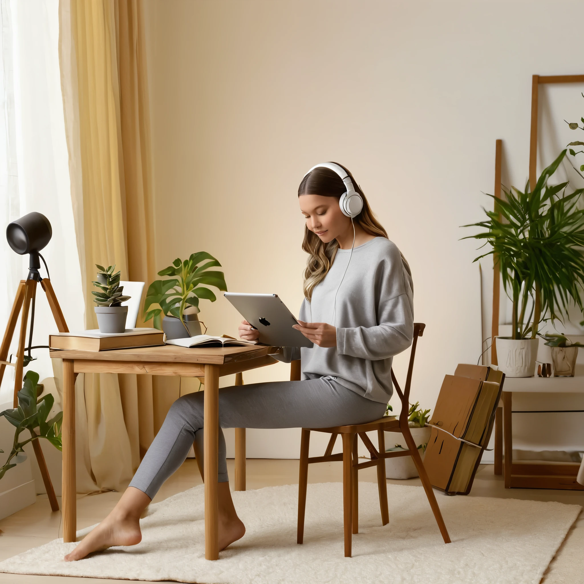 In crafting the image, the focus is on portraying a woman in a close shot, emphasizing her beauty as she puts on headphones and engages in drawing on an iPad. This scene unfolds within a cozy interior room, characterized by wooden furniture and calm lighting. Positioned on a chair adjacent to a table, the woman is surrounded by specific items, including a pen stand, 3-4 books, an iPad, and a PC. Her attire consists of a white mini top paired with grey lower garments, and she is depicted barefoot. Adding a touch of nature to the scene, a plant pot is placed beside her. The photography direction emphasizes a left angle, accentuating the static poses required for the photoshoot session. These detailed instructions provide a structured framework for AI image generation, ensuring the realization of your envisioned image.