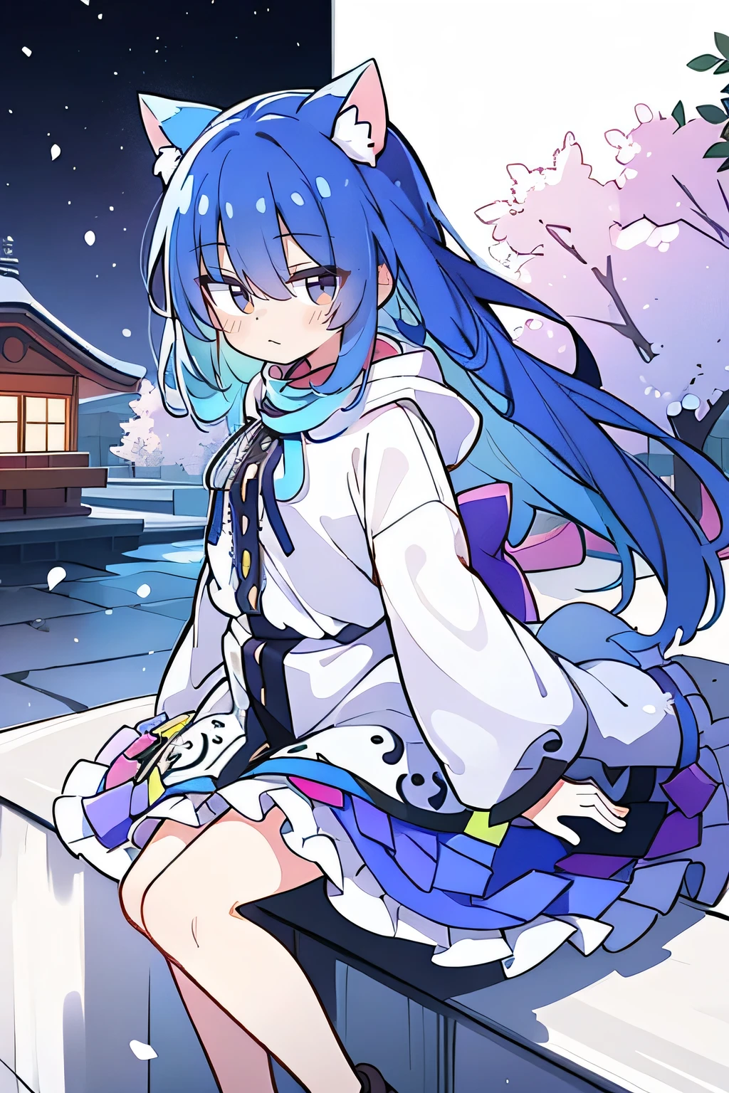 (masterpiece:1.2),Super detailed,lifelike,Expressive eyes,fair skin,perfect face shape,1 girl,
Japanese comics,Gorgeous blue hair,flowing blue hair,flowing clothes,Cat ears,Petals fall,beautiful lola,Baby Angel,
Shaking head with one hand,Cross your legs,Gentle and peaceful background,The pavilion is cool and comfortable,smile, wearing hoodie, background of tokyo,back views,snowing, winter.