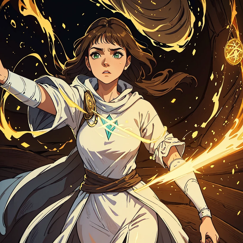 A beautiful woman with green eyes and brown hair is a sorceress Wizard dressed in white and gold robes Noble robes A princess of magic and a tired look ((gritando furiosa)), it's rubber. ((corado)) dramatic wooden wallpaper An art for an RPG A medieval art for an RPG
